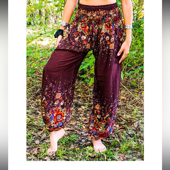Boho Brown Floral Harem Pants One Size Fits Like Small/ Medium - Picture 3 of 7
